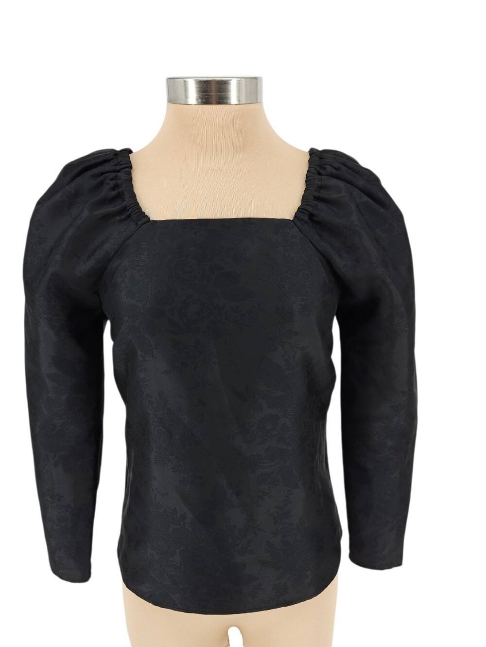 Rachel Parcell Blouse Satin Black Jacquard Floral Long Sleeve Square Neck Top XS